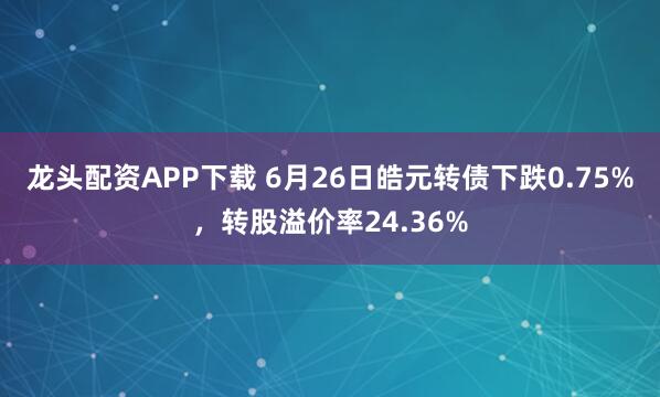 龙头配资APP下载 6月26日皓元转债下跌0.75%，转股溢价率24.36%
